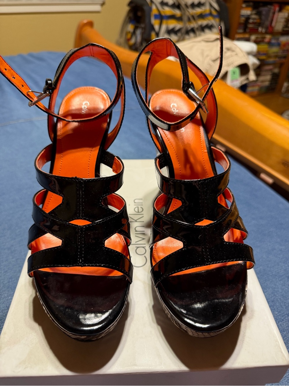 Calvin Klein Black Patent Strappy Platform Sandals with Orange Insole